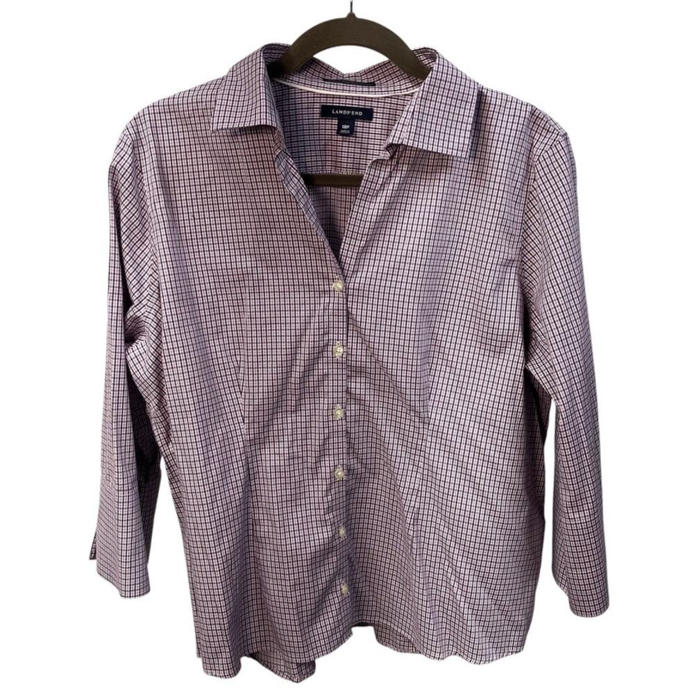 Lands End Womens 18p Pinpoint Oxford 3/4 Sleeve Plaid Purple Classic Preppy